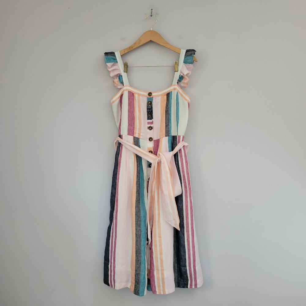 J Crew Button Up Midi Belted Linen Dress Mixed Stripe AK255
